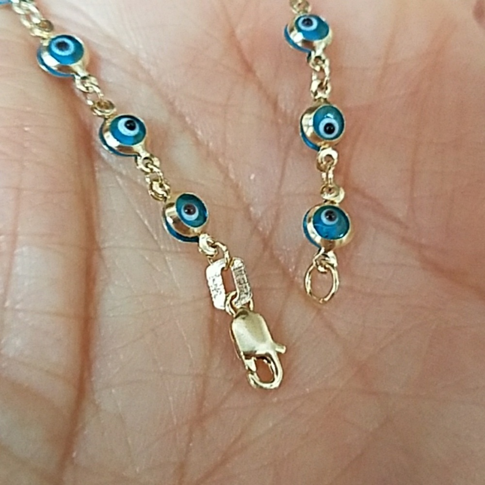14K Solid Yellow Gold Evil Eye Blue Bracelet 7" in - Picture 7 of 14